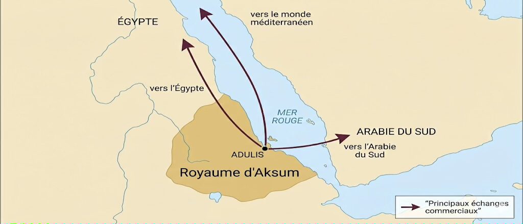Carte du royaume d’Aksum et de ses principaux échanges commerciaux avec l’Égypte, le monde méditerranéen et l’Arabie du Sud via le port d’Adulis